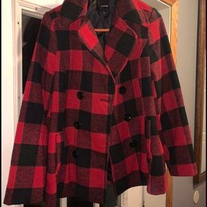 Rampage red and black buffalo plaid short pea coat, size large.